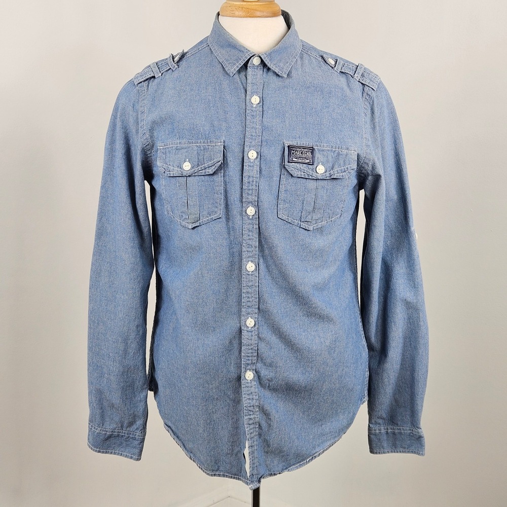 Marc Ecko Cut & Sew Button Up Shirt Mens M Blue Military Epaulets 100% Cotton